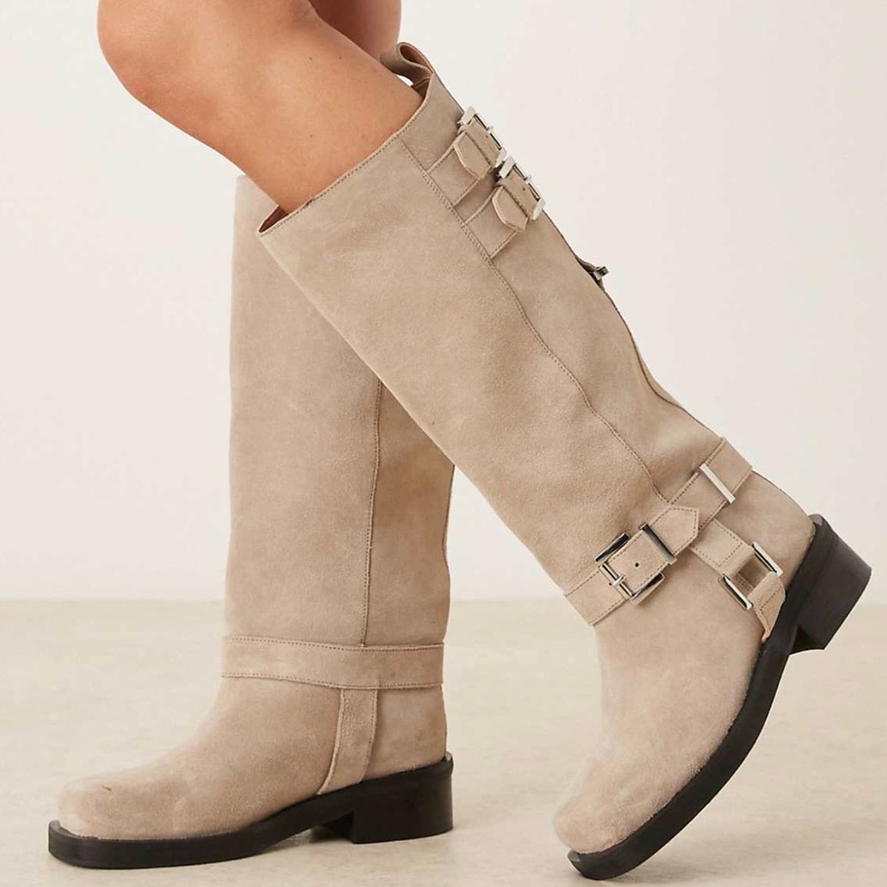ASOS Beige Heeled Boots with Buckle Detail
